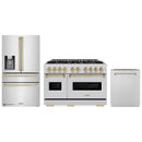 ZLINE 3-Piece Appliance Package - 48-Inch Gas Range, Refrigerator with Water Dispenser, and Dishwasher in Stainless Steel with Champagne Bronze Accents