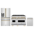 ZLINE 3-Piece Appliance Package - 48-Inch Gas Range, Refrigerator with Water Dispenser, and Dishwasher in Stainless Steel with Champagne Bronze Accents