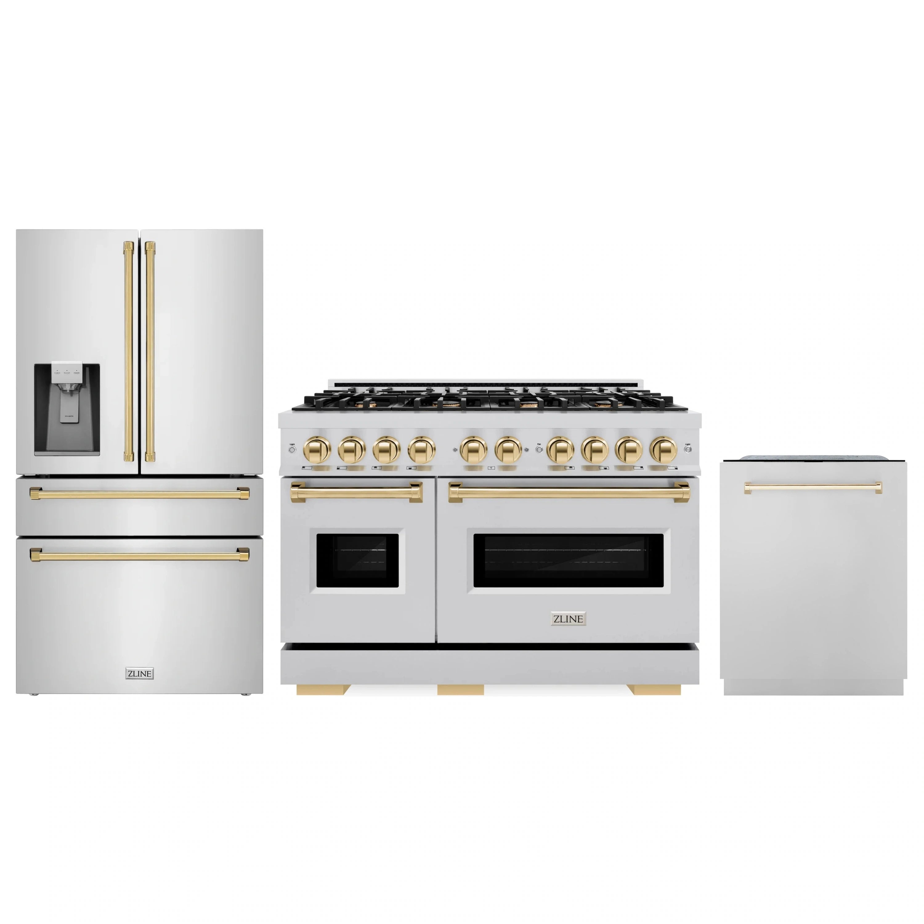 Three-piece kitchen appliance set with stainless steel finish and gold accents
