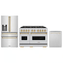 ZLINE 3-Piece Appliance Package - 48-Inch Gas Range, Refrigerator with Water Dispenser, and Dishwasher in Stainless Steel with Gold Accents