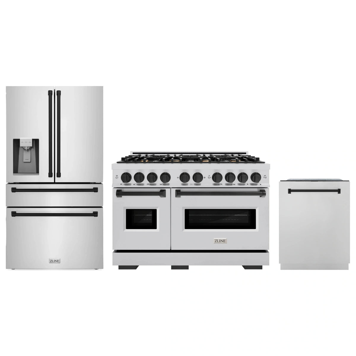 Stainless steel gas range, refrigerator with water dispenser, and dishwasher set