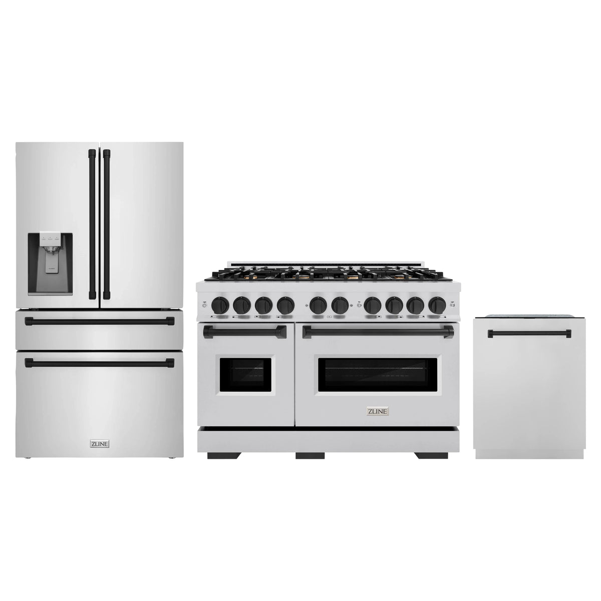 ZLINE 3-Piece Appliance Package - 48-Inch Gas Range, Refrigerator with Water Dispenser, and Dishwasher in Stainless Steel with Matte Black Accents