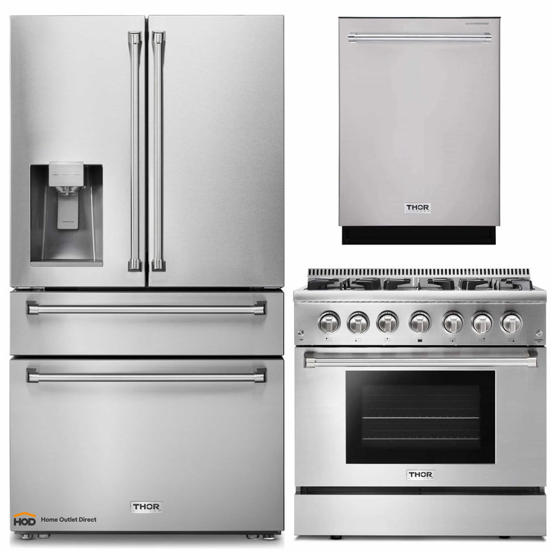 Thor Kitchen 3-Piece Pro Appliance Package - 36-Inch Dual Fuel Range with Propane Gas Cooktop , Dishwasher & Refrigerator with Water Dispenser in Stainless Steel