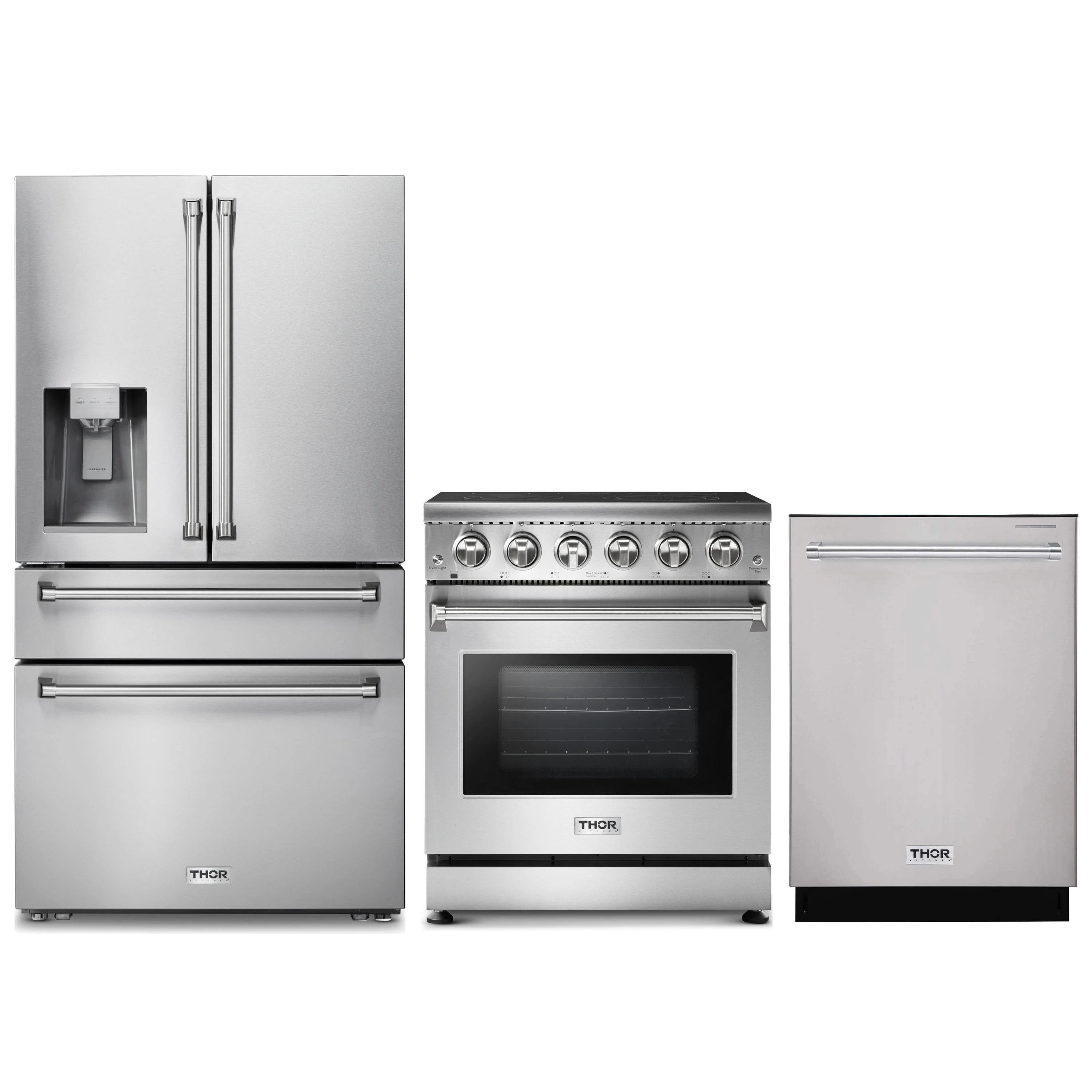 3-piece kitchen appliance package: stainless steel refrigerator, electric range, dishwasher