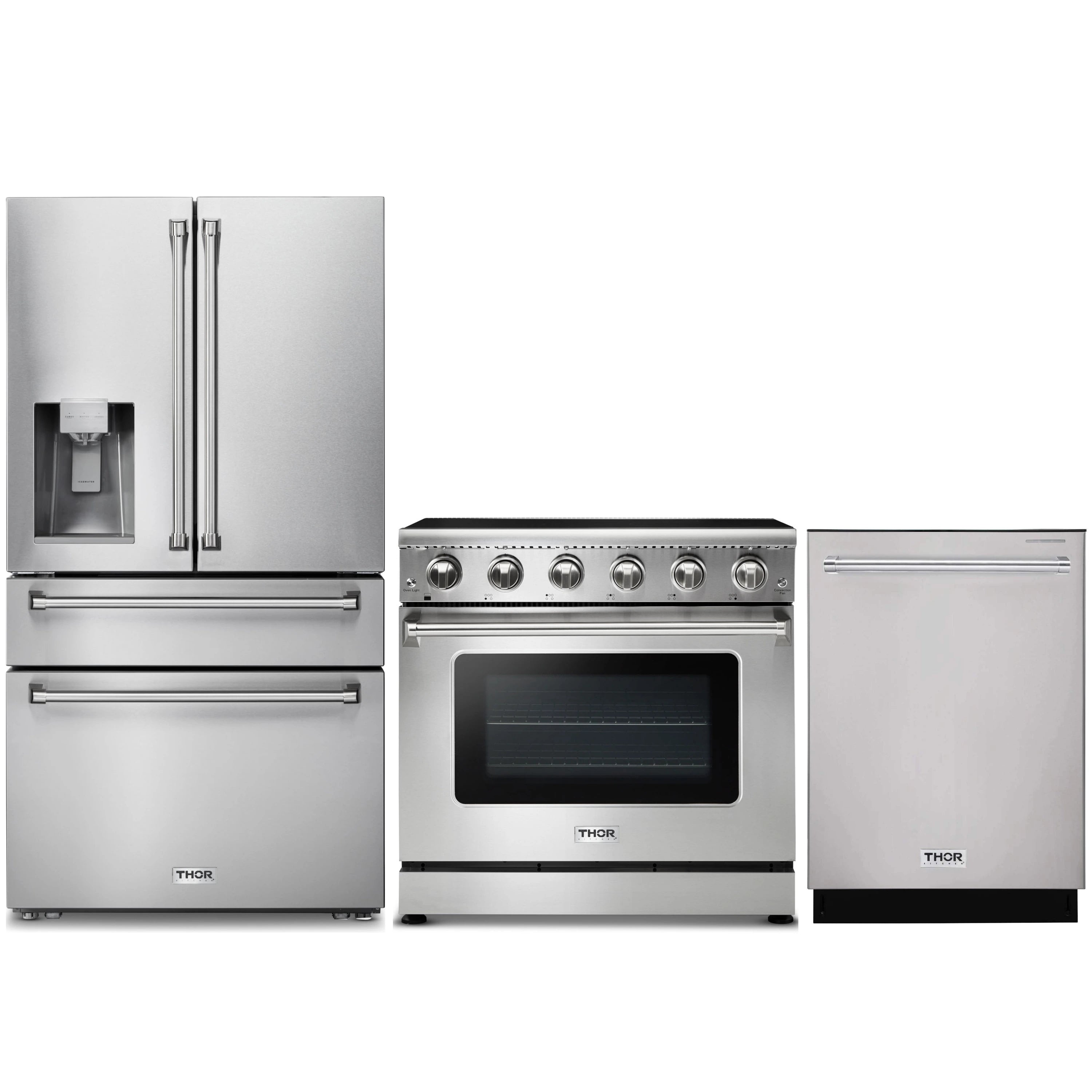Stainless steel 3-piece appliance package: refrigerator, electric range, and dishwasher