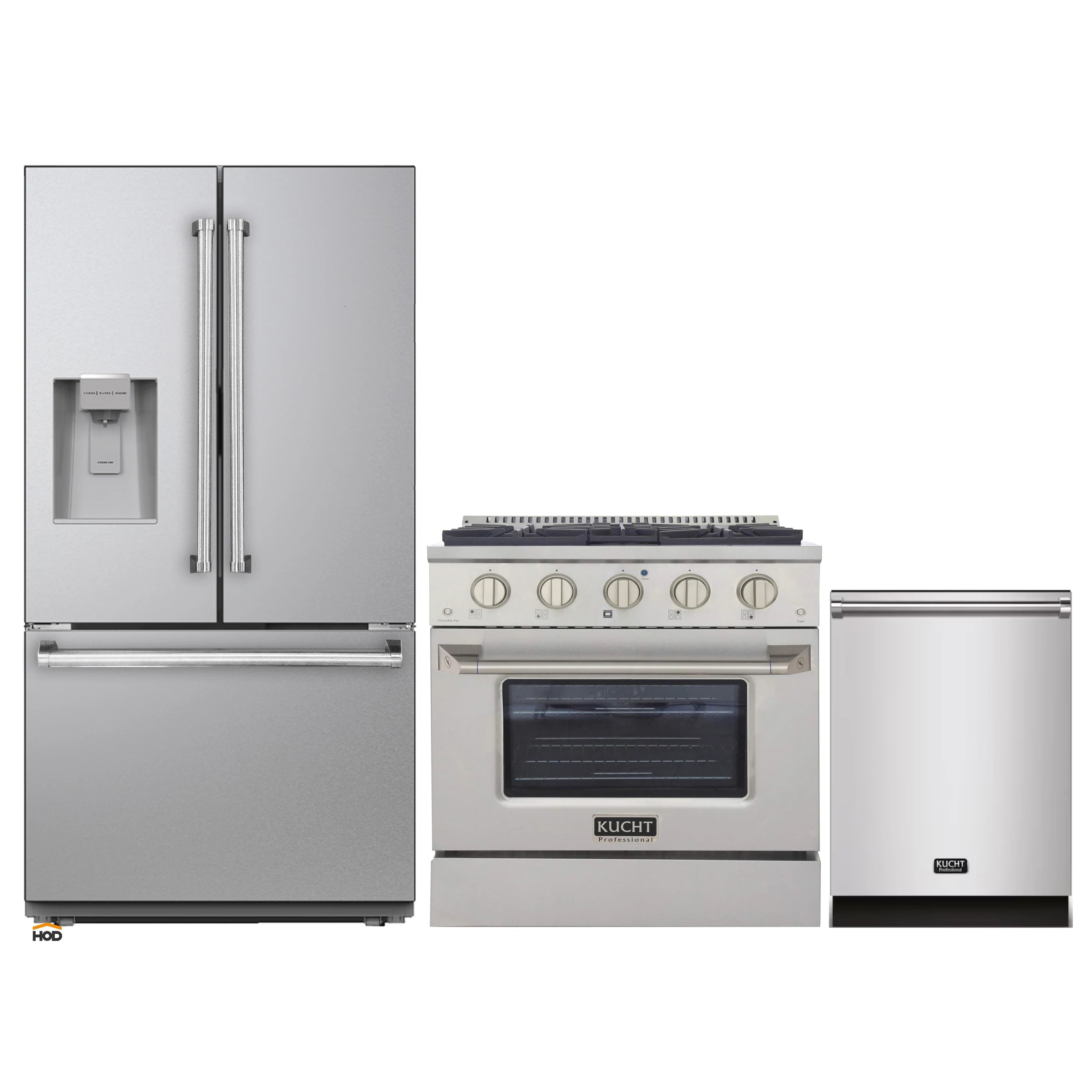 Stainless steel 3-piece appliance package: refrigerator, dual fuel range, dishwasher.