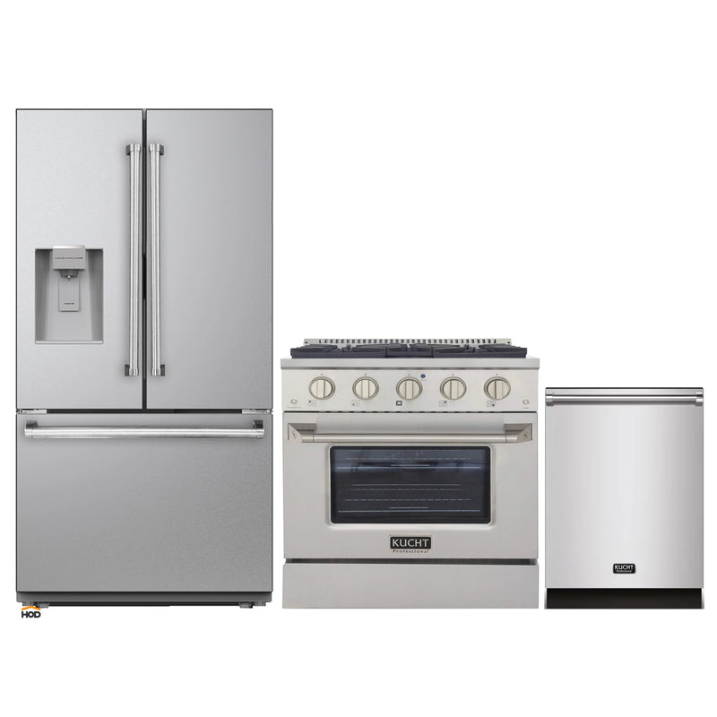 Kucht 3-Piece Appliance Package - 30-Inch Dual Fuel Range in Natural Gas, 36-Inch Refrigerator with Water Dispenser, & Dishwasher in Stainless Steel