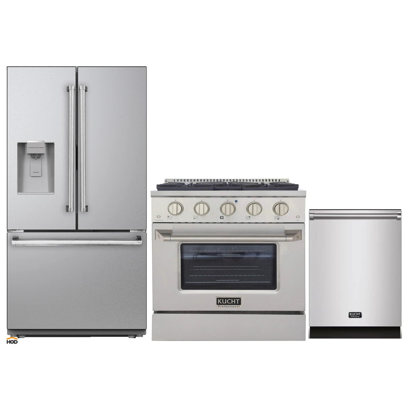 Kucht 3-Piece Appliance Package - 30-Inch Dual Fuel Range in Propane Gas, 36-Inch Refrigerator with Water Dispenser, & Dishwasher in Stainless Steel