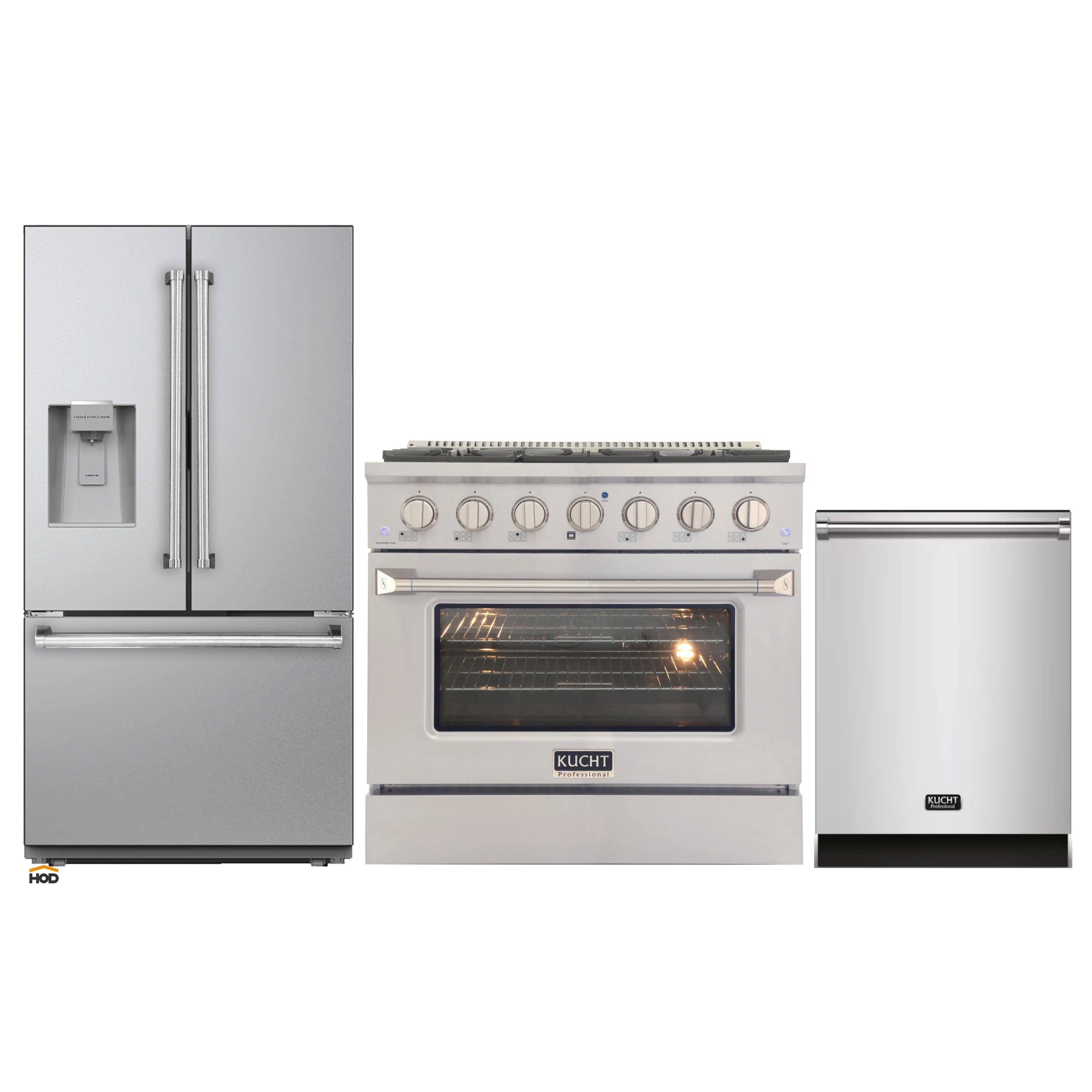 Kucht 3-piece appliance package showing refrigerator, dual fuel range, and dishwasher