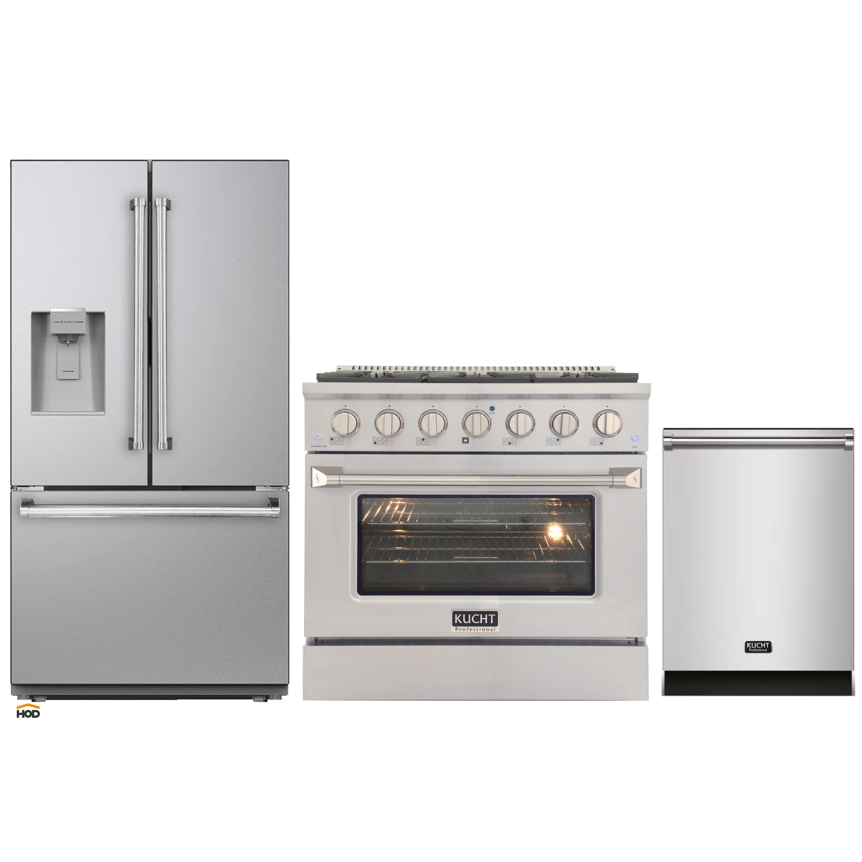 Kitchen appliance set with refrigerator, Kucht dual-fuel range, and dishwasher
