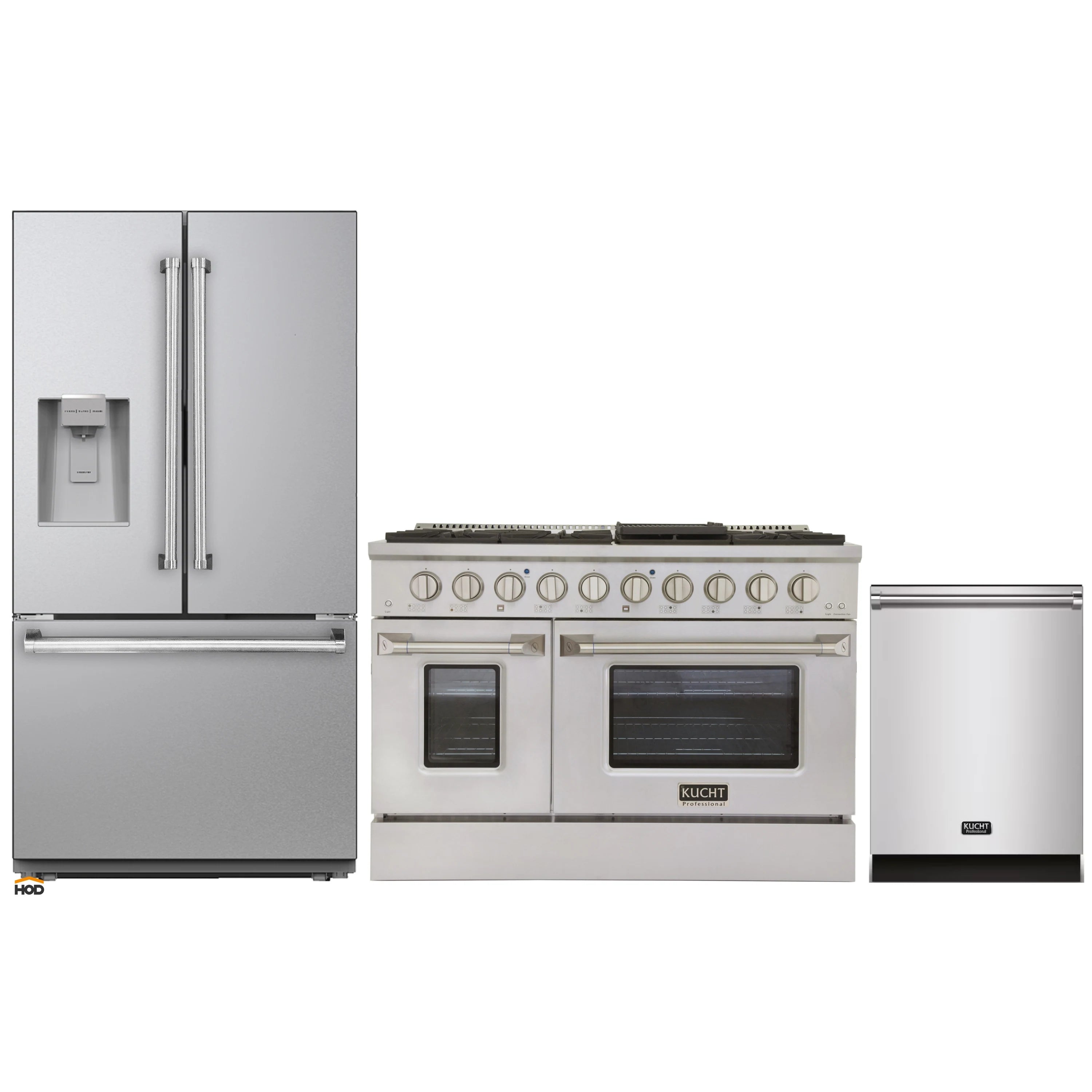 Kitchen appliance bundle showing stainless range, refrigerator, and dishwasher
