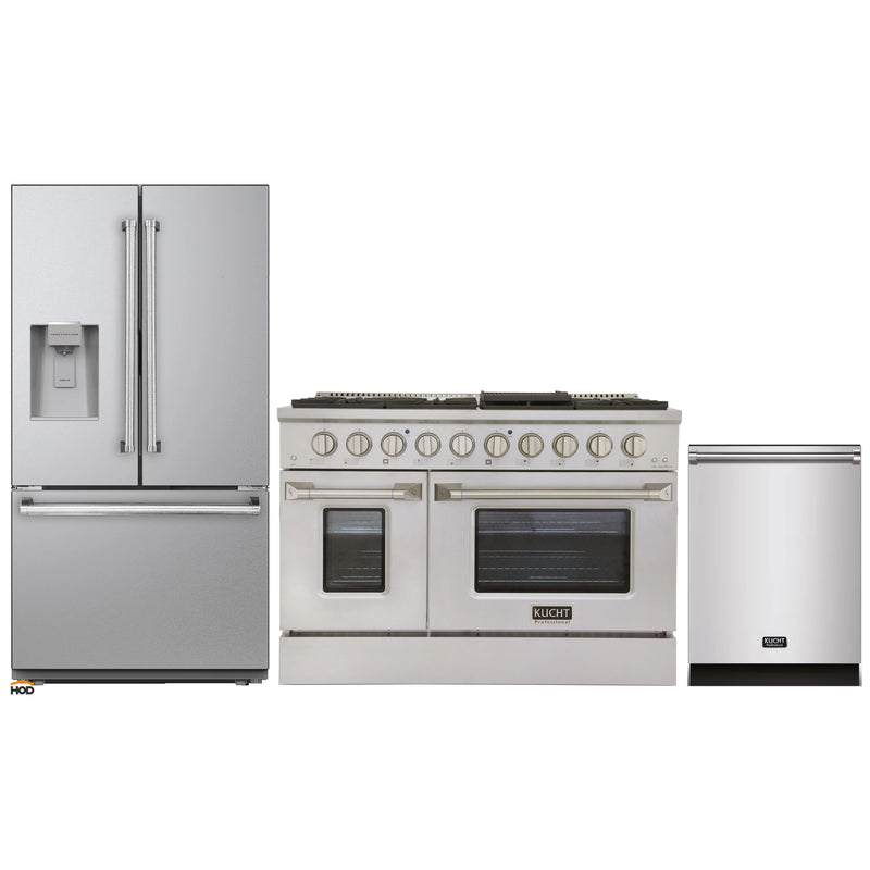 Kucht 3-Piece Appliance Package - 48-Inch Dual Fuel Range in Propane Gas, 36-Inch Refrigerator with Water Dispenser, & Dishwasher in Stainless Steel