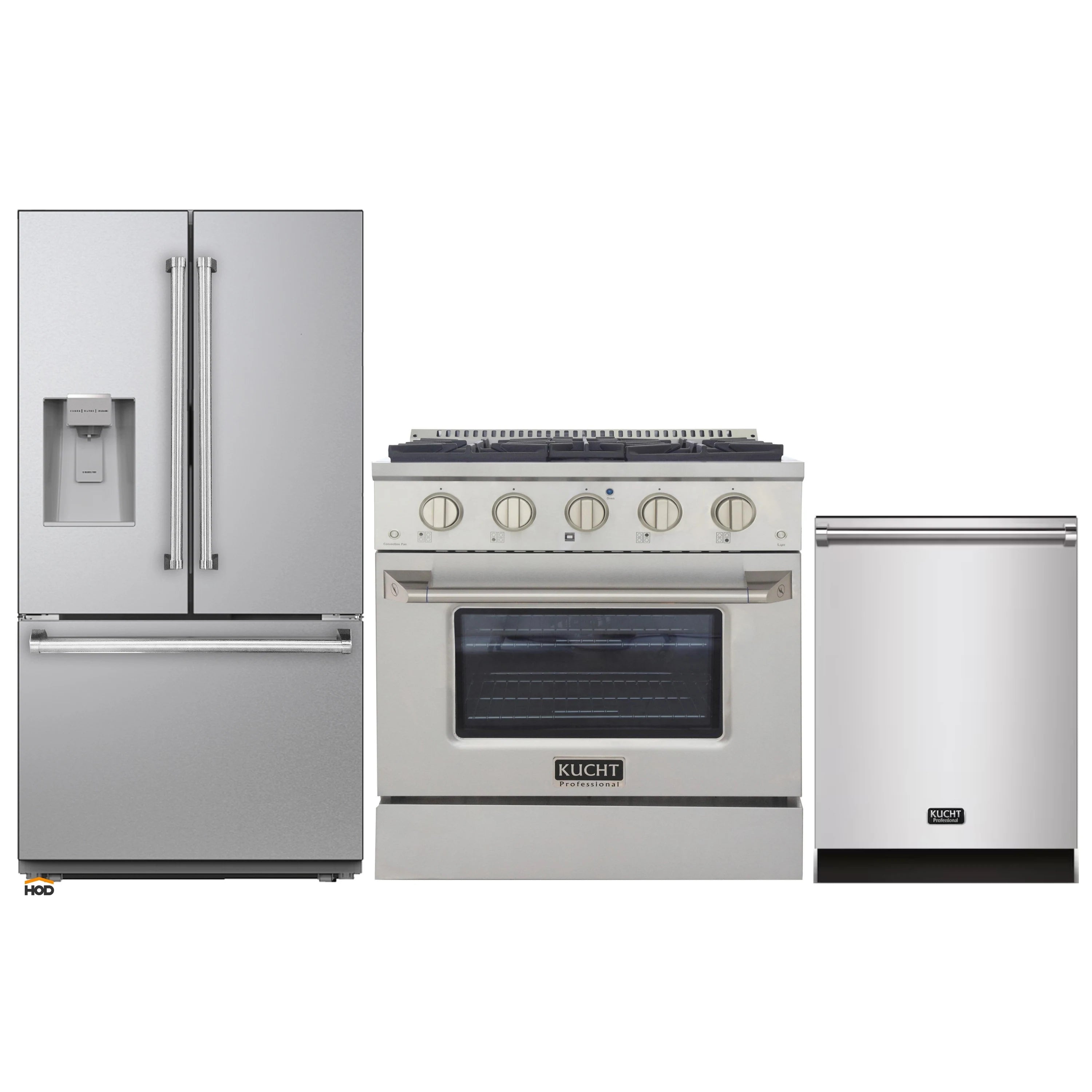 Stainless steel 3-piece appliance set with refrigerator, range, and dishwasher