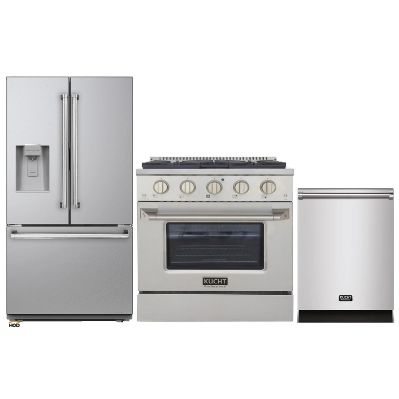 Kucht 3-Piece Appliance Package - 30-Inch Natural Gas Range with 4.2 Cu. Ft. Oven, 36-Inch Refrigerator with Water Dispenser, & Dishwasher in Stainless Steel