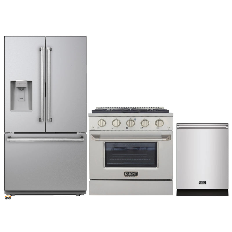 Kucht 3-Piece Appliance Package - 30-Inch Propane Gas Range with 4.2 Cu. Ft. Oven, 36-Inch Refrigerator with Water Dispenser, & Dishwasher in Stainless Steel