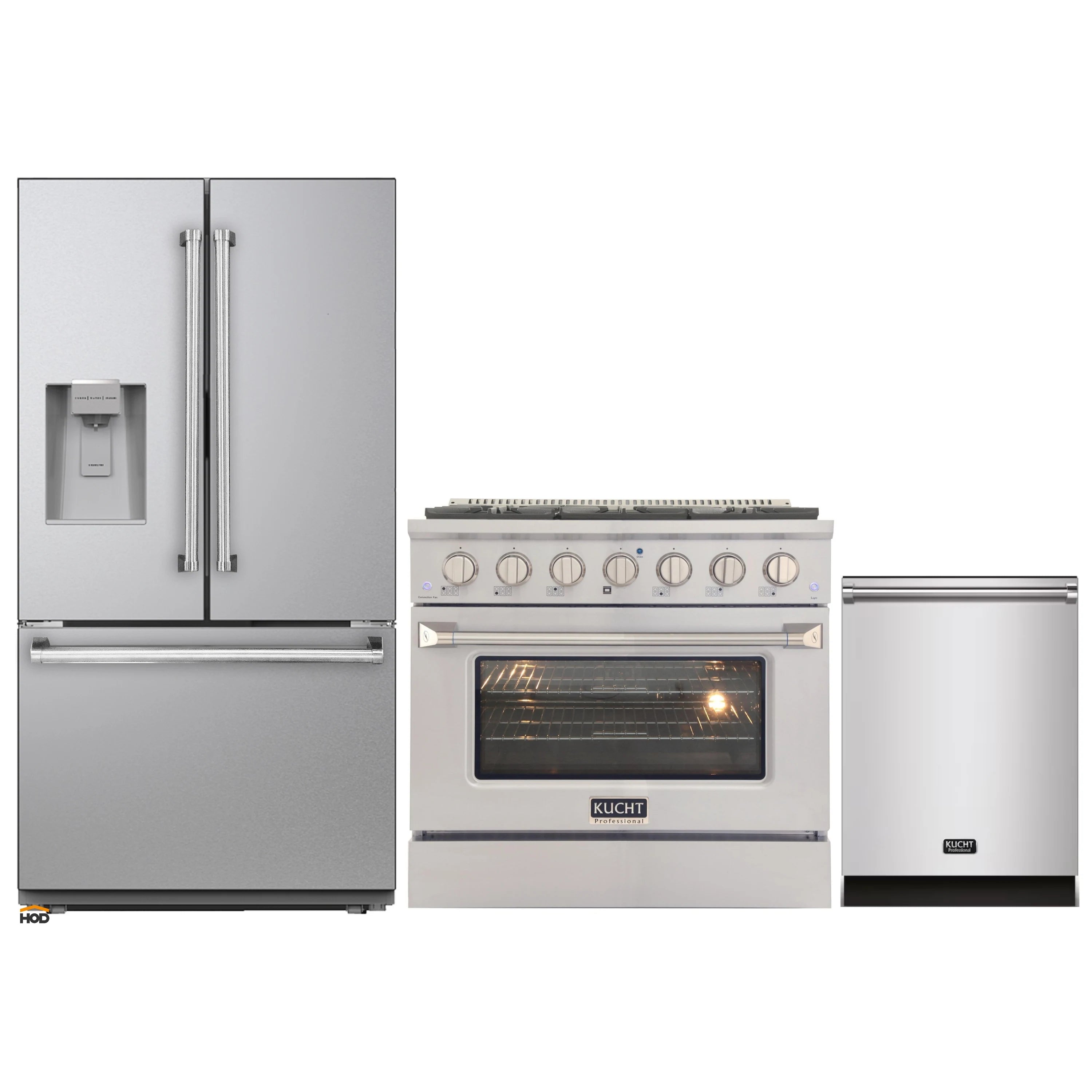 3-piece appliance package showing refrigerator, gas range oven, and dishwasher