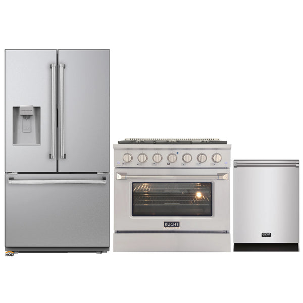 Kucht 3-Piece Appliance Package - 36-Inch Propane Gas Range with 5.2 Cu. Ft. Oven, 36-Inch Refrigerator with Water Dispenser, & Dishwasher in Stainless Steel