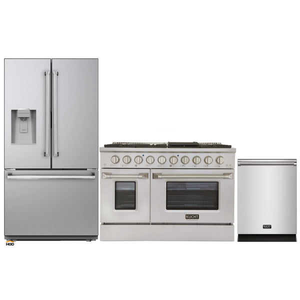 Kucht 3-Piece Appliance Package - 48-Inch Natural Gas Range with 6.7 Cu. Ft. Oven, 36-Inch Refrigerator with Water Dispenser, & Dishwasher in Stainless Steel