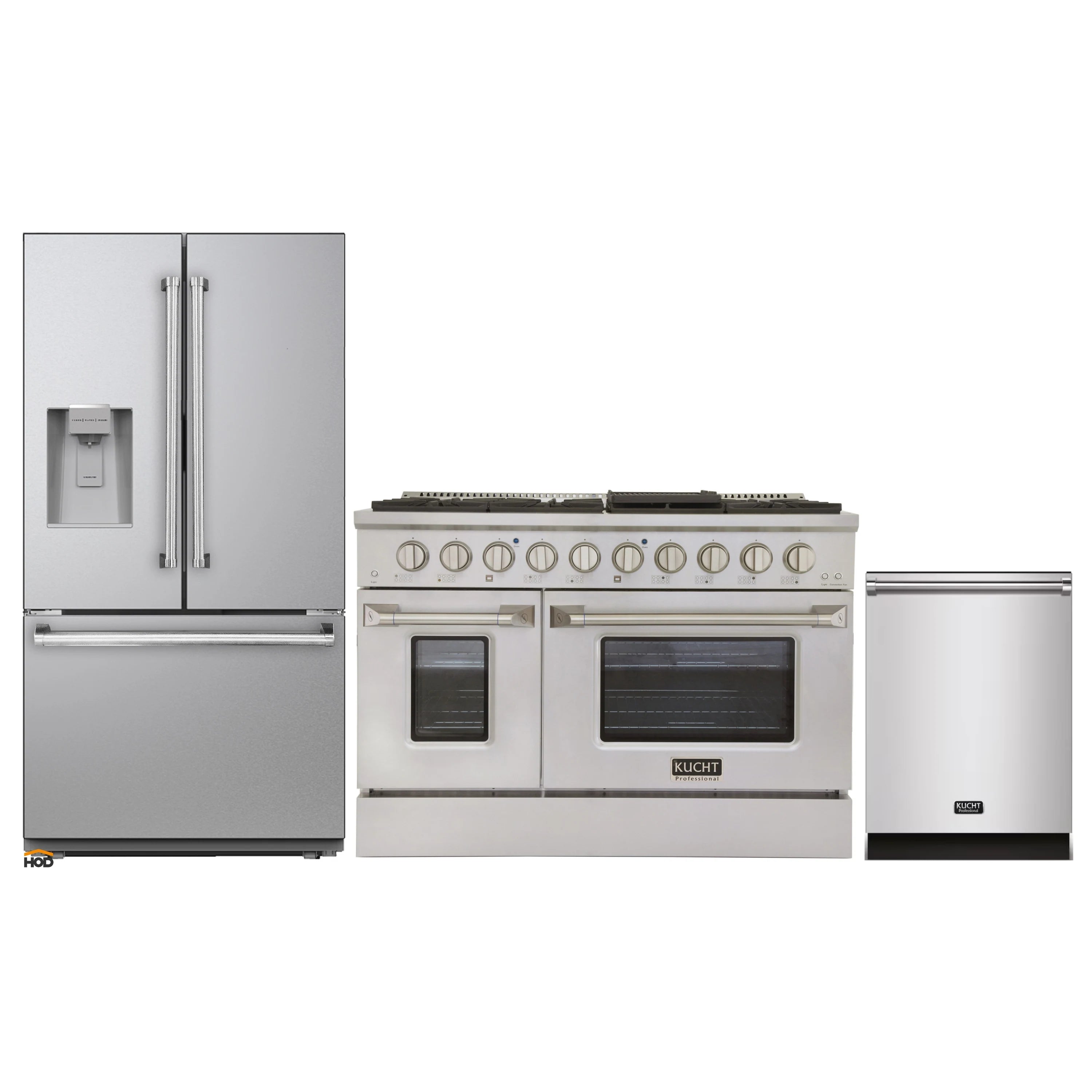 Stainless steel appliance package with refrigerator, gas range, and dishwasher