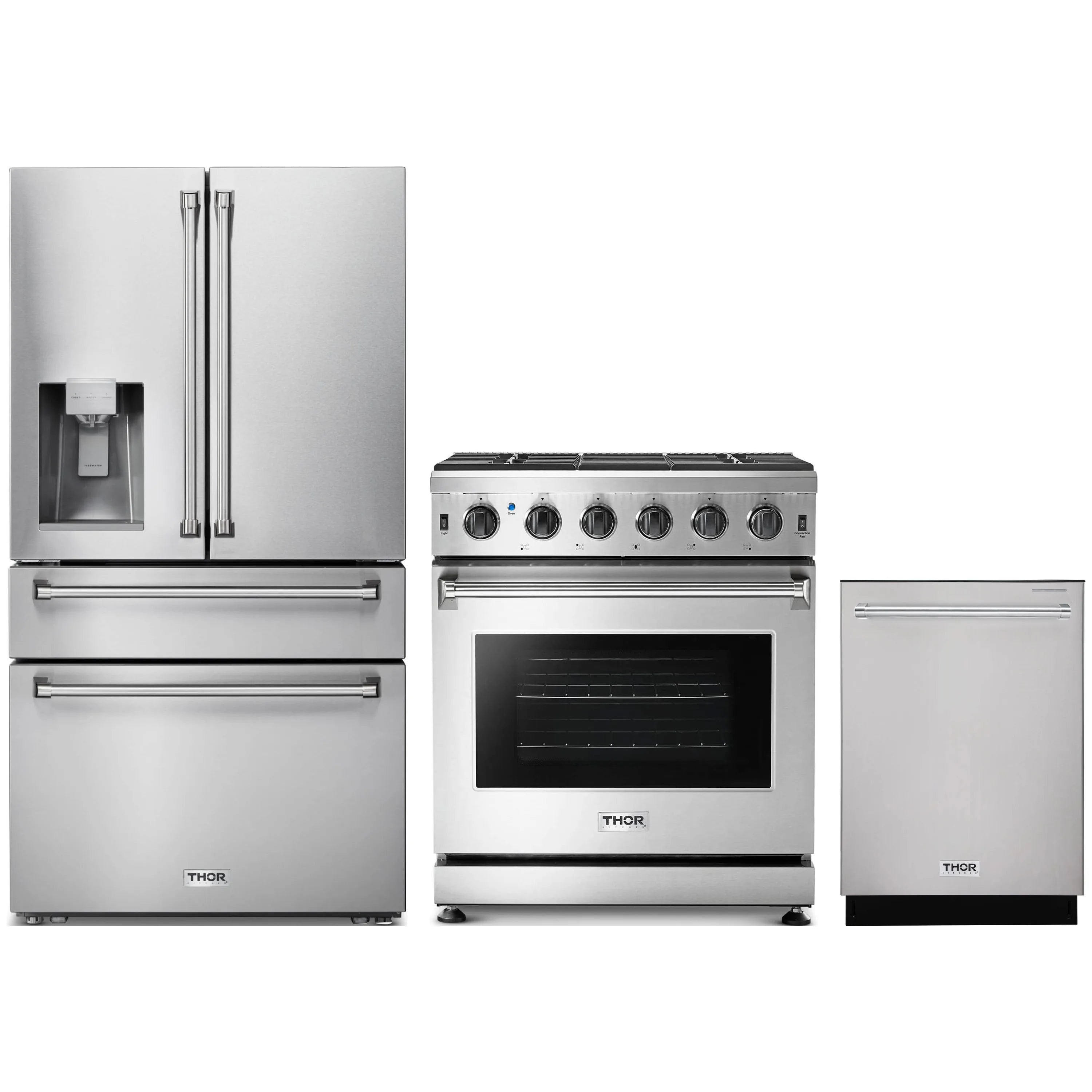 Thor stainless steel appliance package: propane range, dishwasher, water dispenser refrigerator