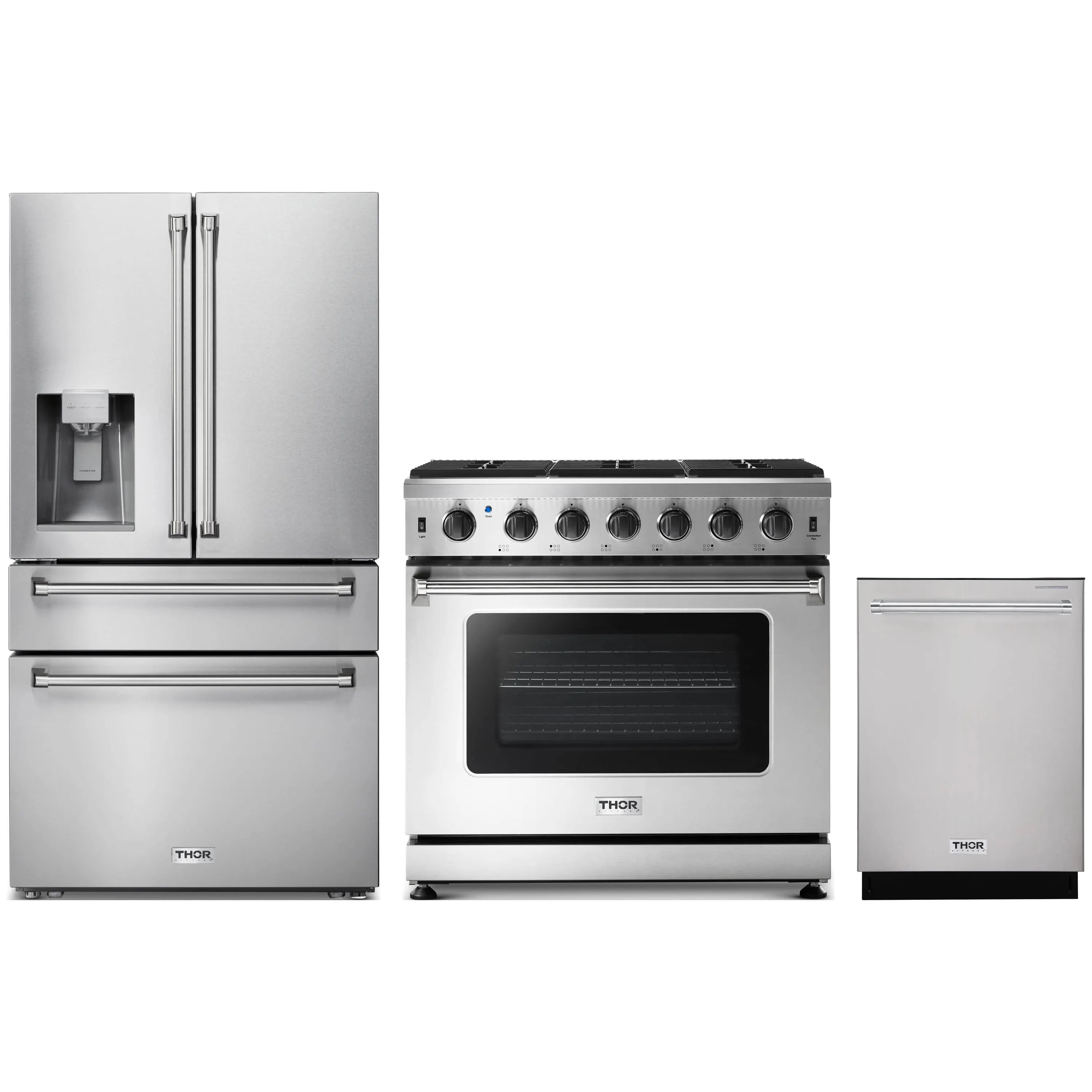 Stainless steel 3-piece appliance set: fridge w/ water dispenser, gas range, dishwasher