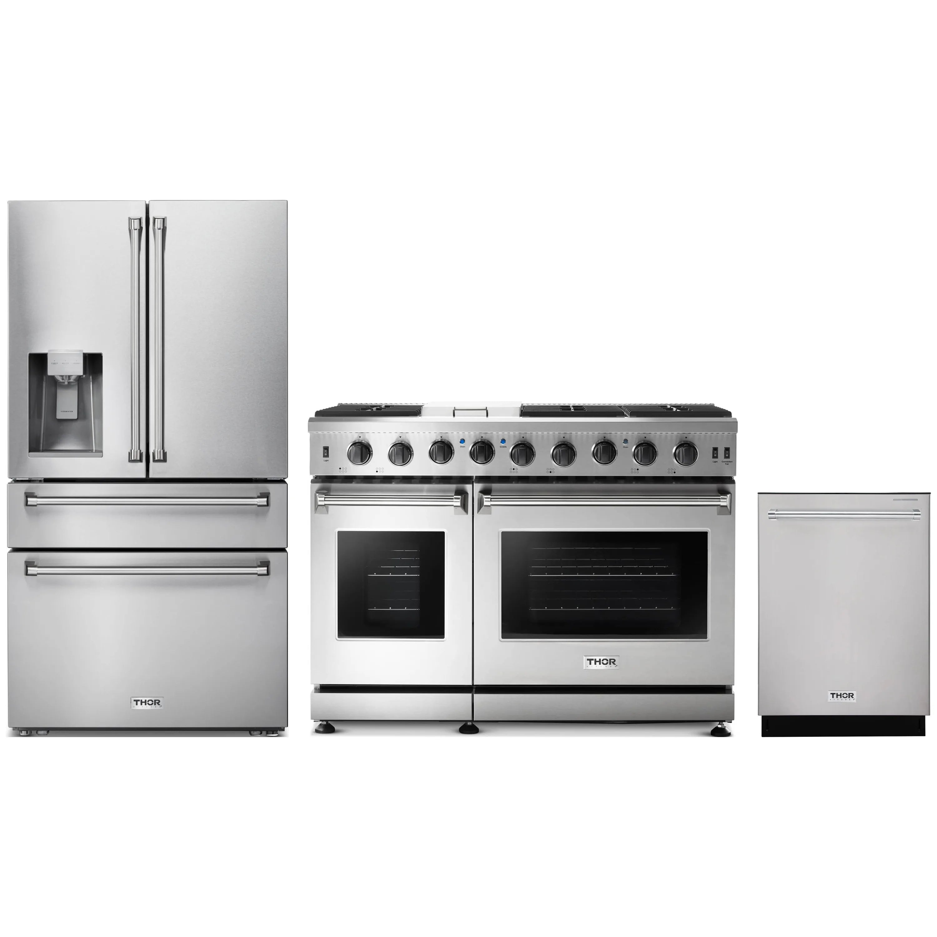 Thor Kitchen stainless steel 3-piece appliance package: range, dishwasher, refrigerator with dispenser