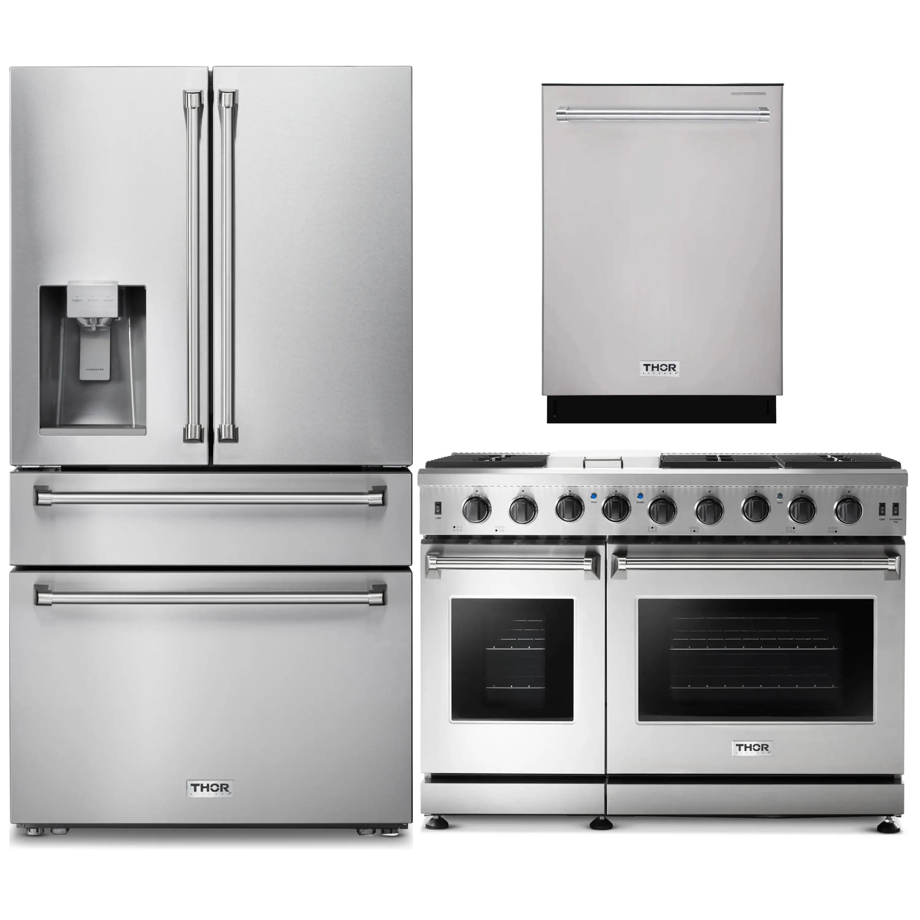 Stainless steel 3-piece appliance package: refrigerator, dishwasher, and gas range