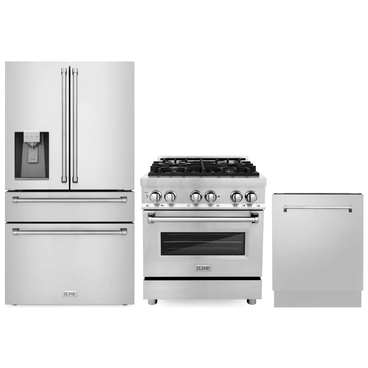 ZLINE 3-Piece Appliance Package - 30-Inch Dual Fuel Range, Refrigerator with Water Dispenser and 3-Rack Dishwasher in Stainless Steel