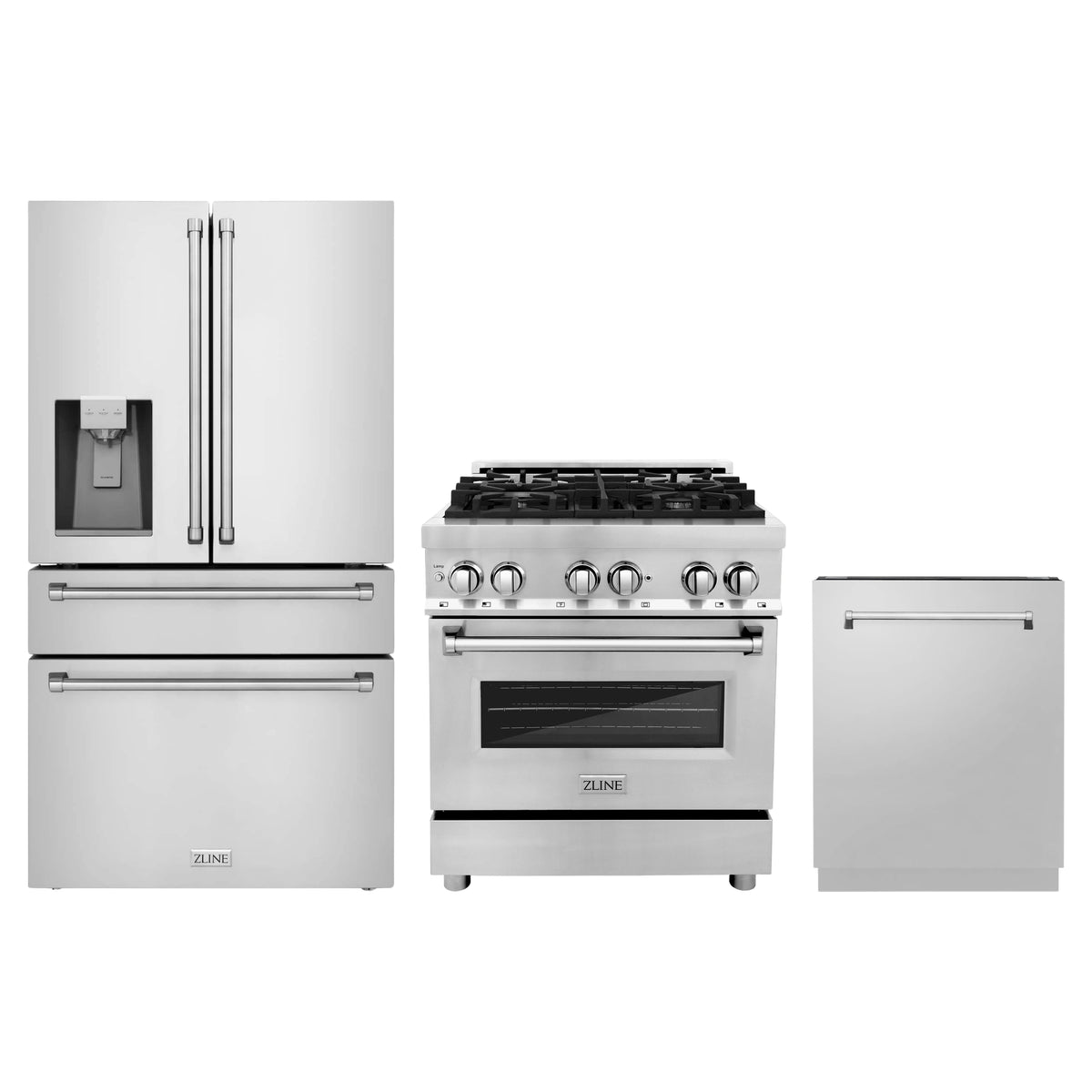 ZLINE 3-Piece Appliance Package - 30-Inch Dual Fuel Range, Refrigerator with Water Dispenser and 3-Rack Dishwasher in Stainless Steel