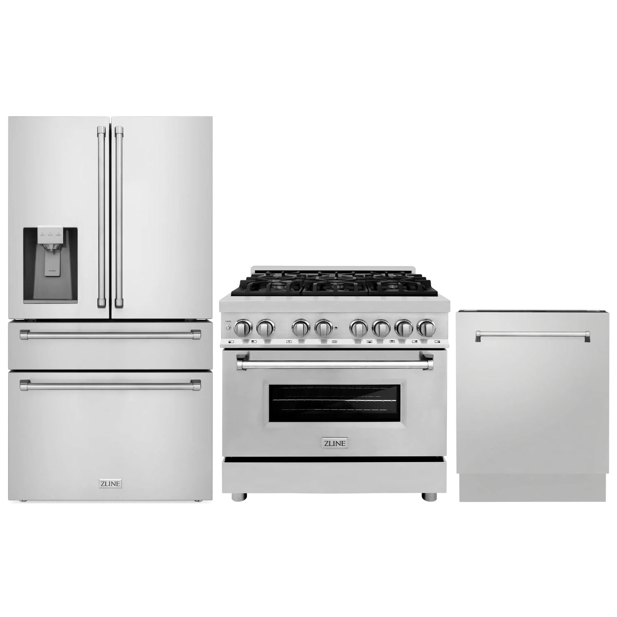 ZLINE 3-Piece Appliance Package - 36-Inch Dual Fuel Range, Refrigerator with Water Dispenser, & 3-Rack Dishwasher in Stainless Steel