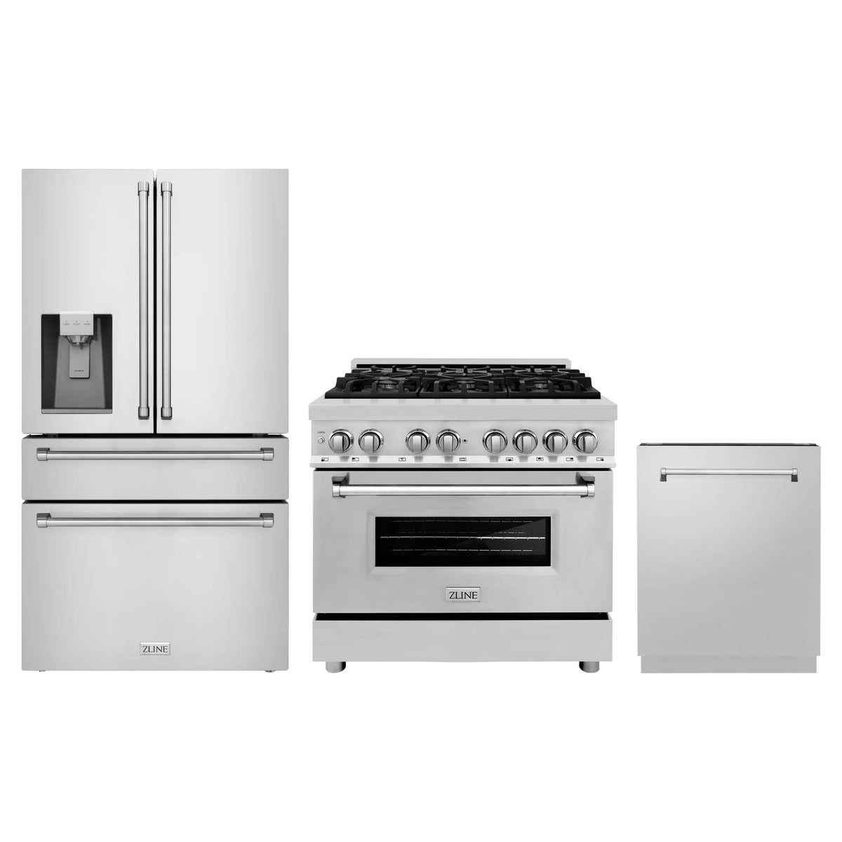 ZLINE 3-Piece Appliance Package - 36-Inch Dual Fuel Range, Refrigerator with Water Dispenser, & 3-Rack Dishwasher in Stainless Steel