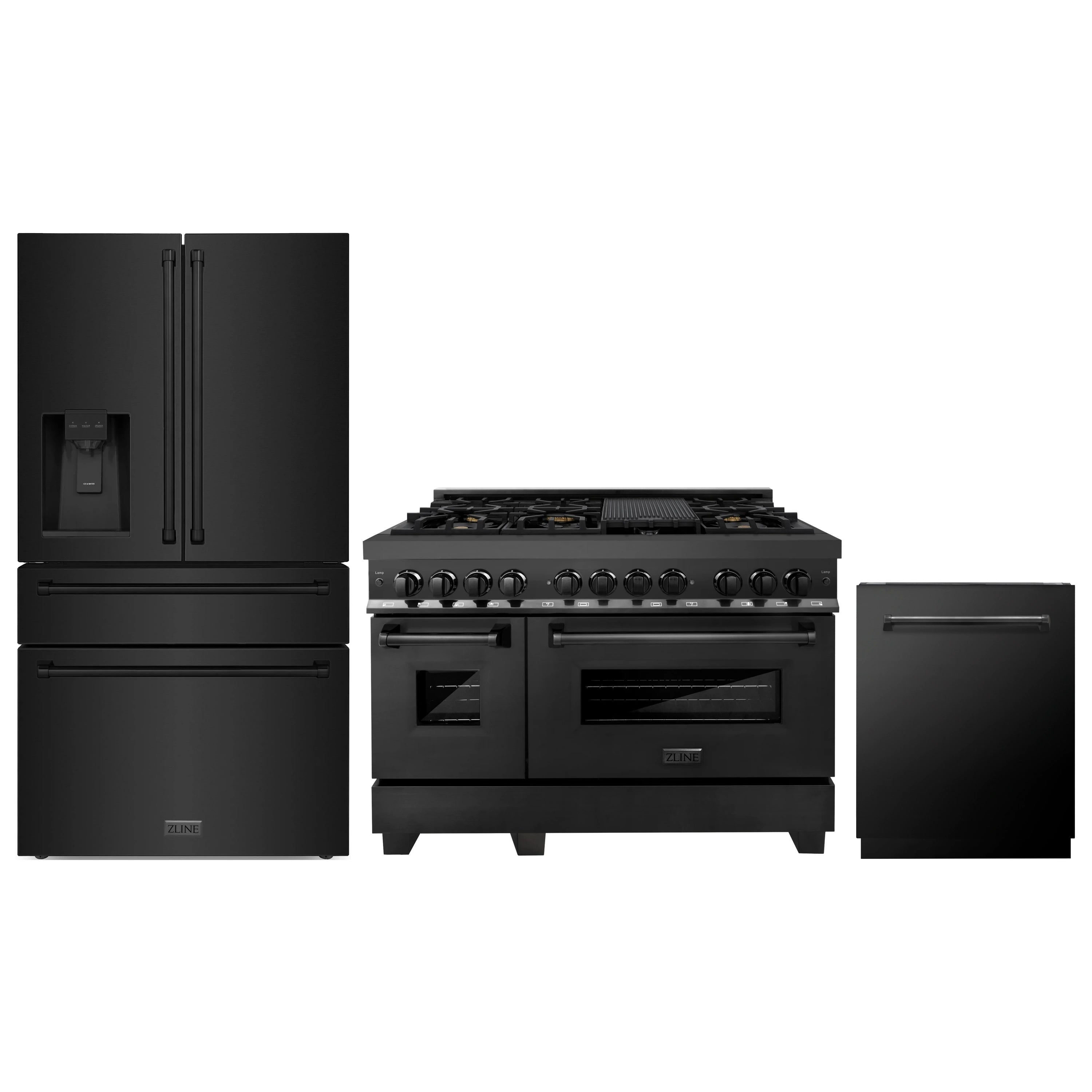 3-piece appliance package in black stainless: range, refrigerator, dishwasher