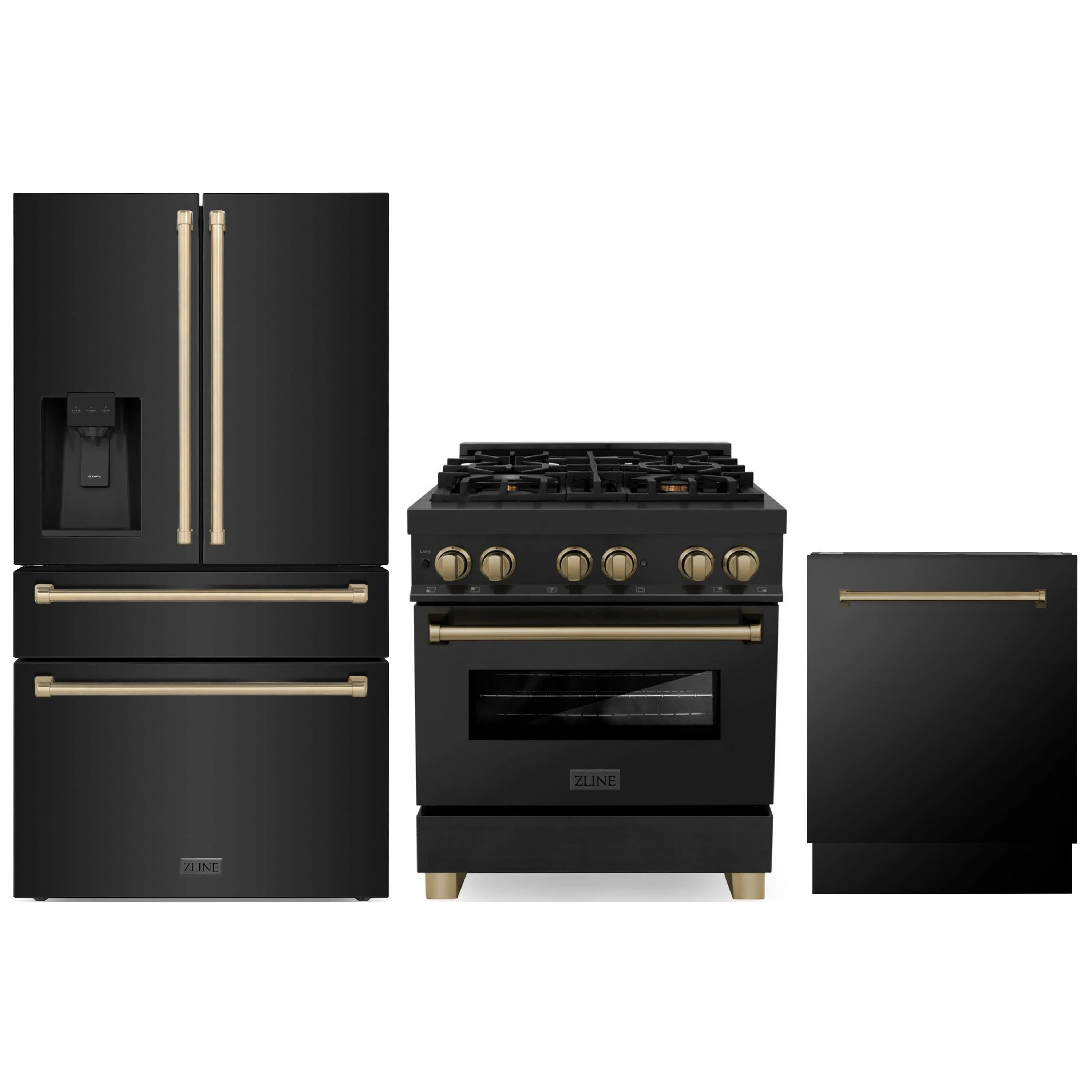 Three-piece appliance set: black stainless refrigerator, range, and dishwasher with bronze accents
