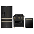 ZLINE 3-Piece Appliance Package - 30-Inch Legacy Dual Fuel Range, 36-Inch French Door Refrigerator with Water Dispenser, Dishwasher, in Black Stainless Steel with Gold Accents