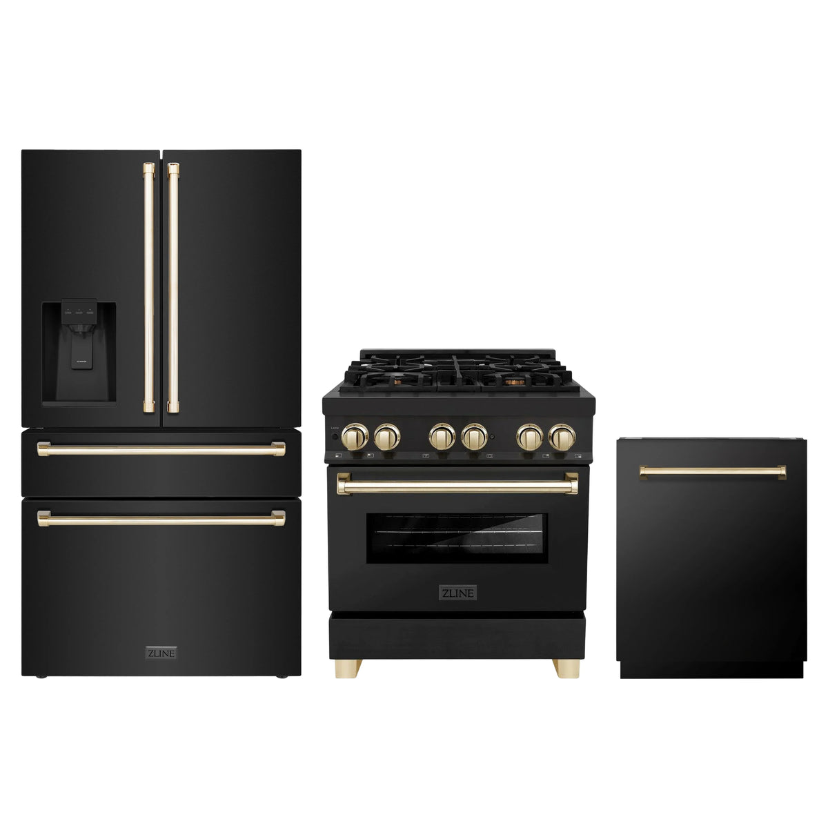 ZLINE 3-Piece Appliance Package - 30-Inch Legacy Dual Fuel Range, 36-Inch French Door Refrigerator with Water Dispenser, Dishwasher, in Black Stainless Steel with Gold Accents