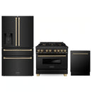 ZLINE 3-Piece Appliance Package - 36-Inch Legacy Dual Fuel Range, 36-Inch French Door Refrigerator with Water Dispenser, Dishwasher, in Black Stainless Steel with Champagne Bronze Accents