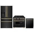 ZLINE 3-Piece Appliance Package - 36-Inch Legacy Dual Fuel Range, 36-Inch French Door Refrigerator with Water Dispenser, Dishwasher, in Black Stainless Steel with Gold Accents