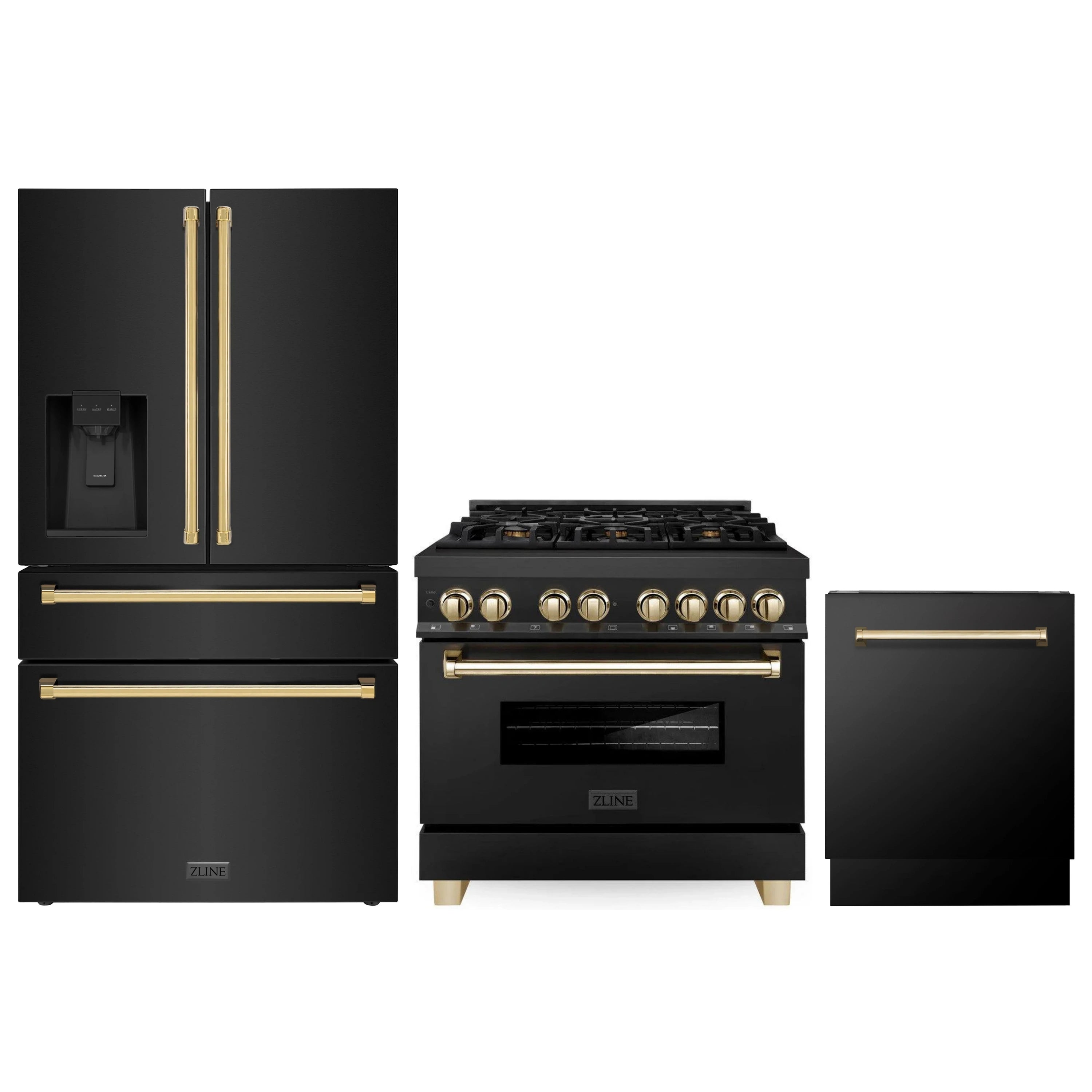 3-piece black stainless appliance set with gold handles and burners, ZLINE branding