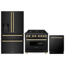 ZLINE 3-Piece Appliance Package - 36-Inch Legacy Dual Fuel Range, 36-Inch French Door Refrigerator with Water Dispenser, Dishwasher, in Black Stainless Steel with Gold Accents