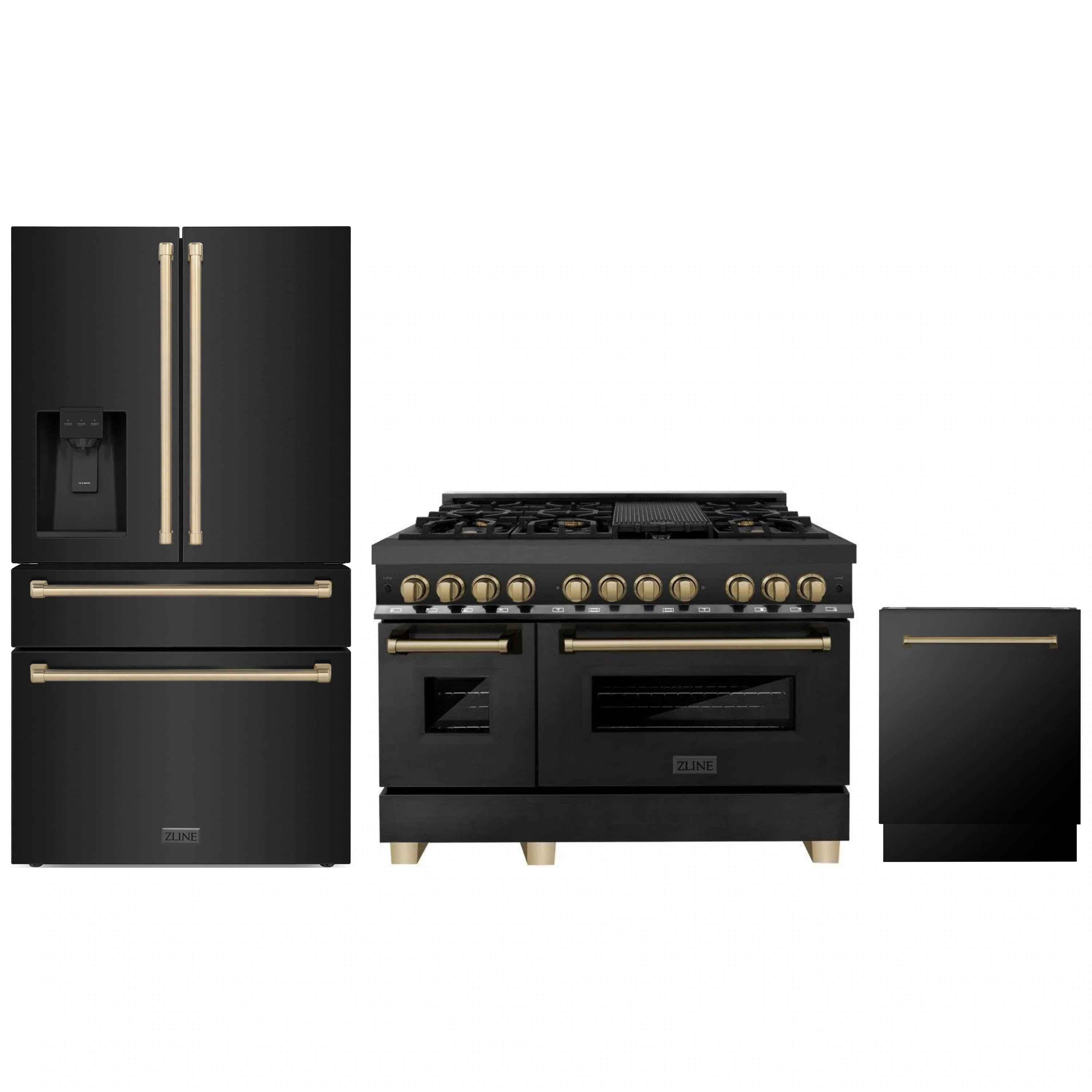 3-piece kitchen appliance package: black stainless range, refrigerator, dishwasher with bronze accents