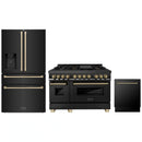 ZLINE 3-Piece Appliance Package - 48-Inch Legacy Dual Fuel Range, 36-Inch French Door Refrigerator with Water Dispenser, Dishwasher, in Black Stainless Steel with Champagne Bronze Accents
