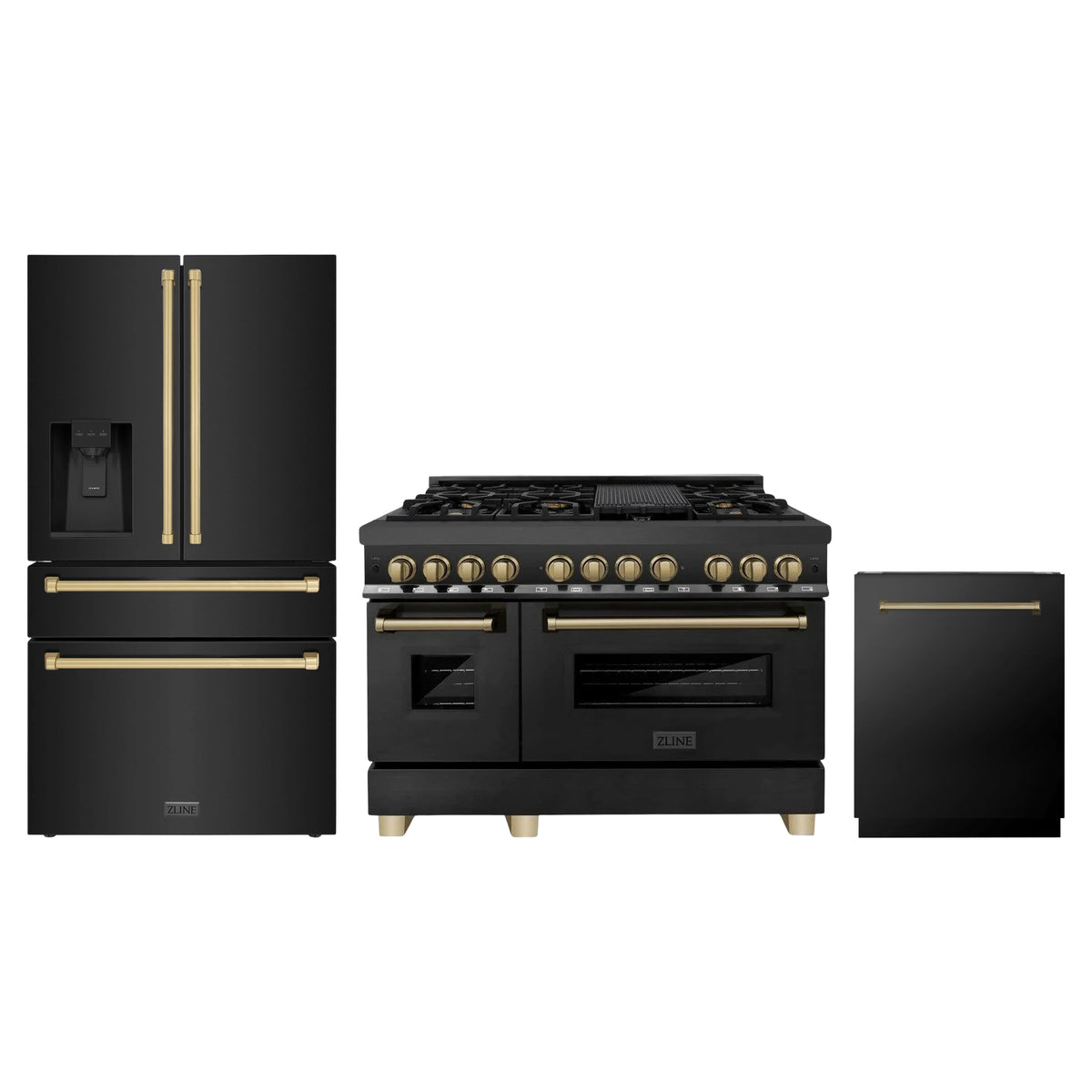 ZLINE 3-Piece Appliance Package - 48-Inch Legacy Dual Fuel Range, 36-Inch French Door Refrigerator with Water Dispenser, Dishwasher, in Black Stainless Steel with Champagne Bronze Accents