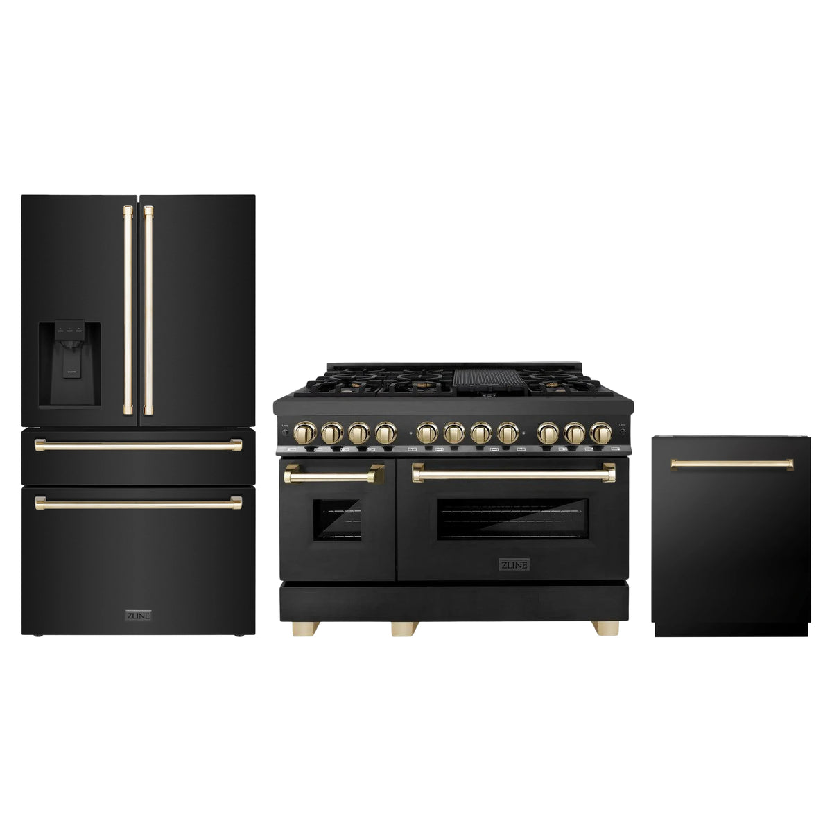 ZLINE 3-Piece Appliance Package - 48-Inch Legacy Dual Fuel Range, 36-Inch French Door Refrigerator with Water Dispenser, Dishwasher, in Black Stainless Steel with Gold Accents