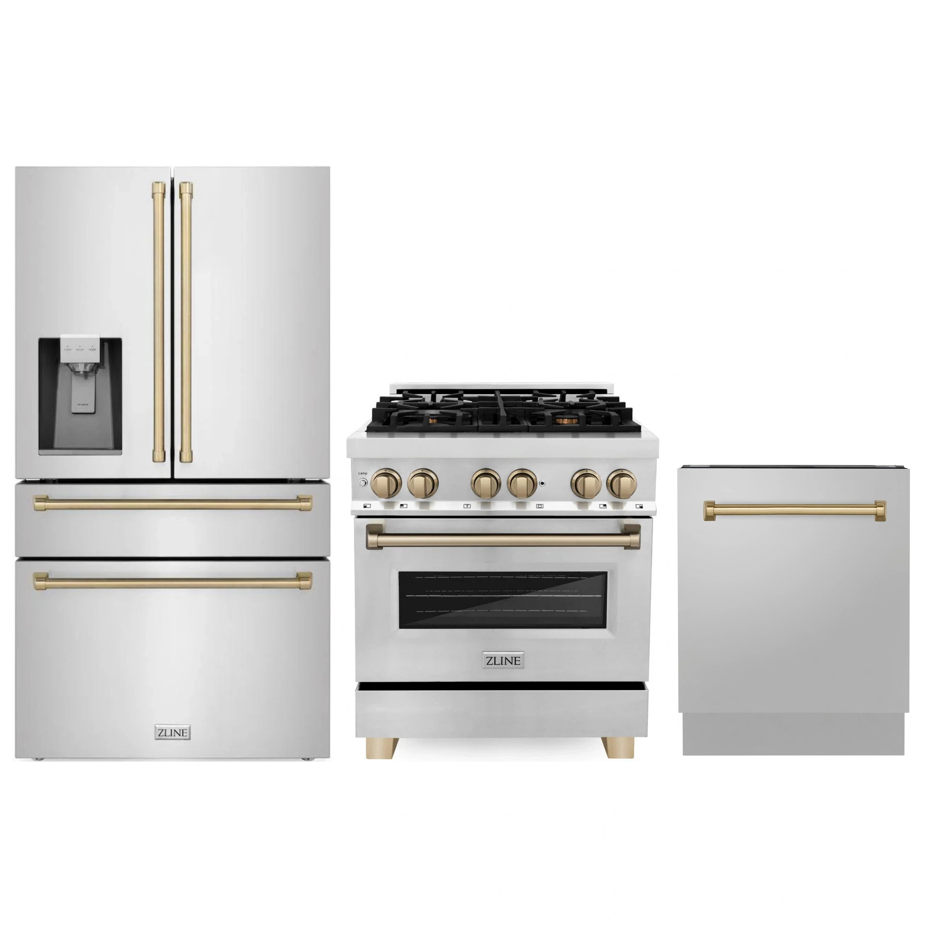 Stainless steel 3-piece kitchen appliance set with range, dishwasher, and French door fridge