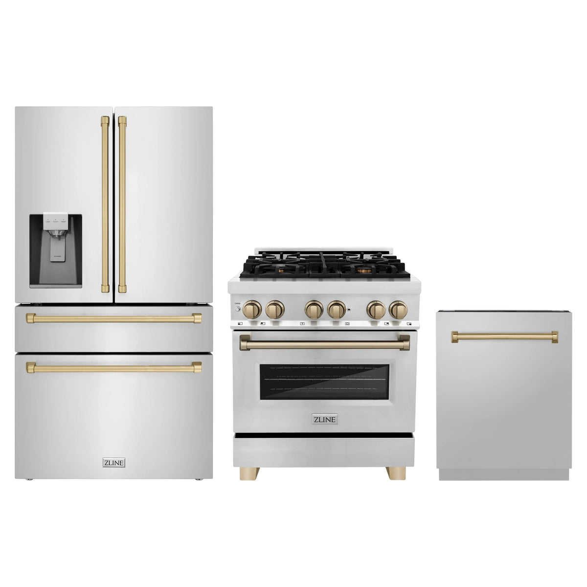 ZLINE 3-Piece Appliance Package - 30-Inch Legacy Autograph Dual Fuel Range, 36-Inch French Door Refrigerator with Water Dispenser, Dishwasher, in Stainless Steel with Champagne Bronze Accents
