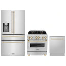 ZLINE 3-Piece Appliance Package - 30-Inch Legacy Autograph Dual Fuel Range, 36-Inch French Door Refrigerator with Water Dispenser, Dishwasher, in Stainless Steel with Gold Accents