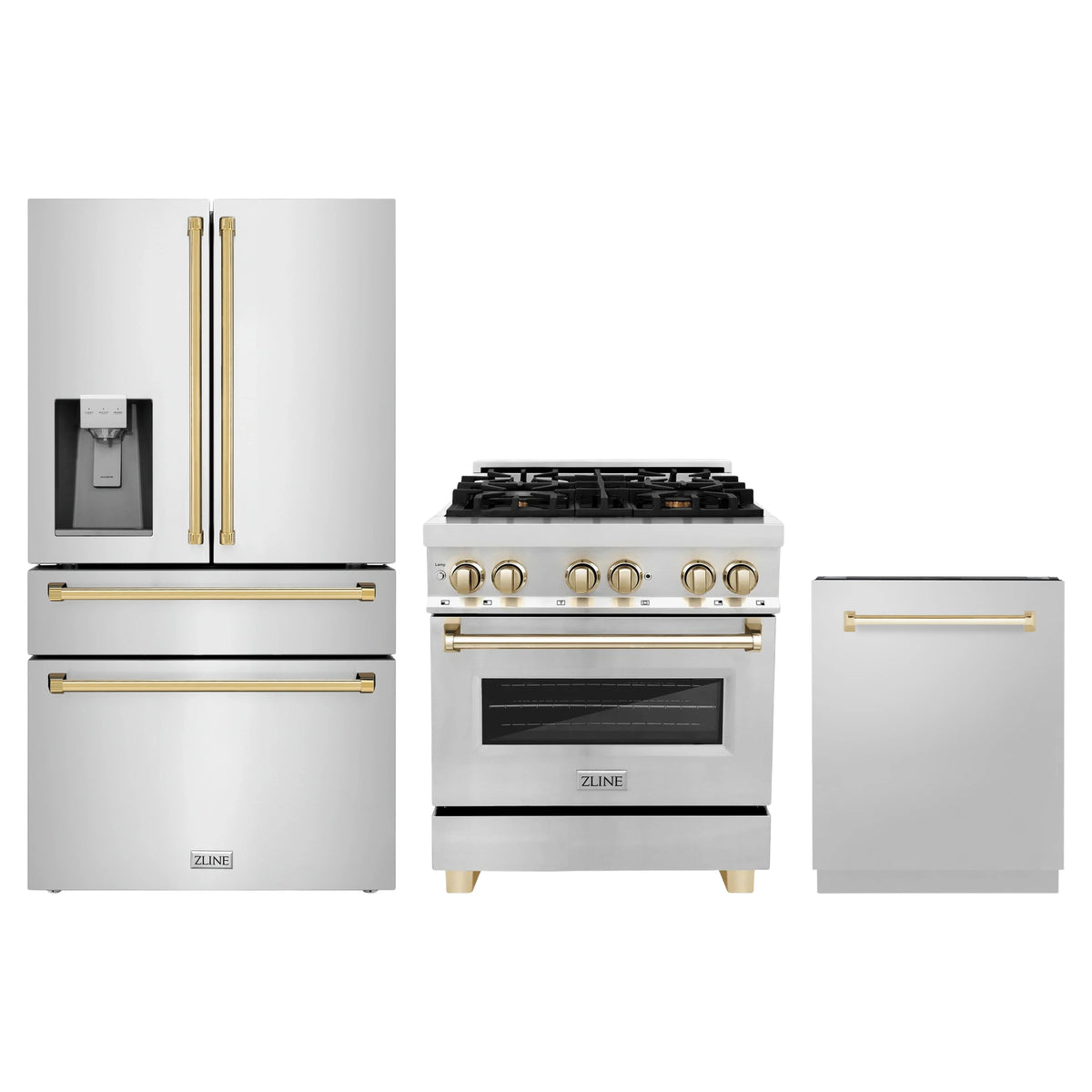 ZLINE 3-Piece Appliance Package - 30-Inch Legacy Autograph Dual Fuel Range, 36-Inch French Door Refrigerator with Water Dispenser, Dishwasher, in Stainless Steel with Gold Accents