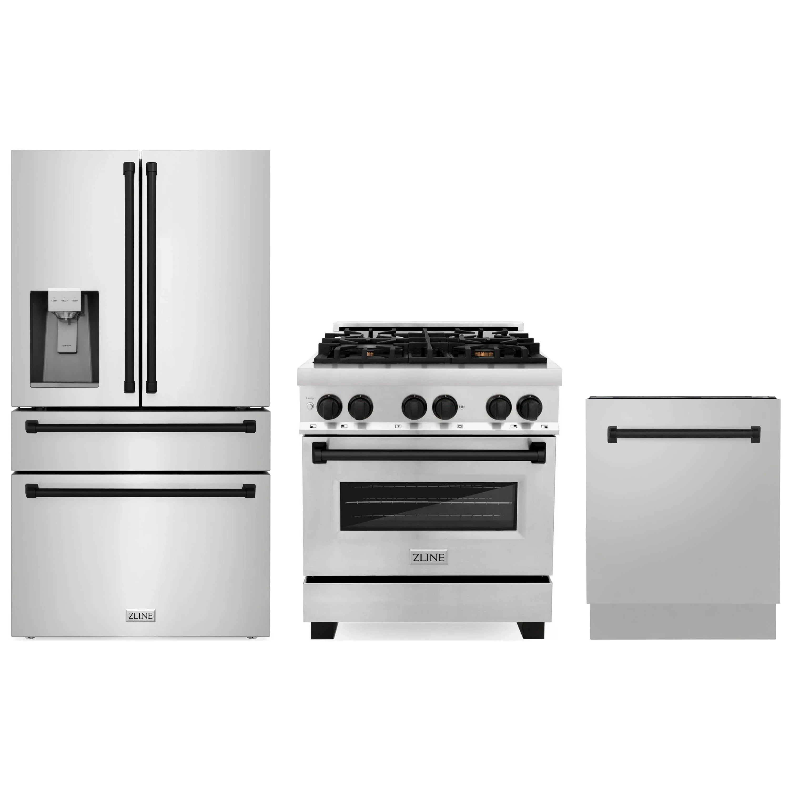 Stainless steel kitchen appliances: dual-fuel range, French door refrigerator, dishwasher