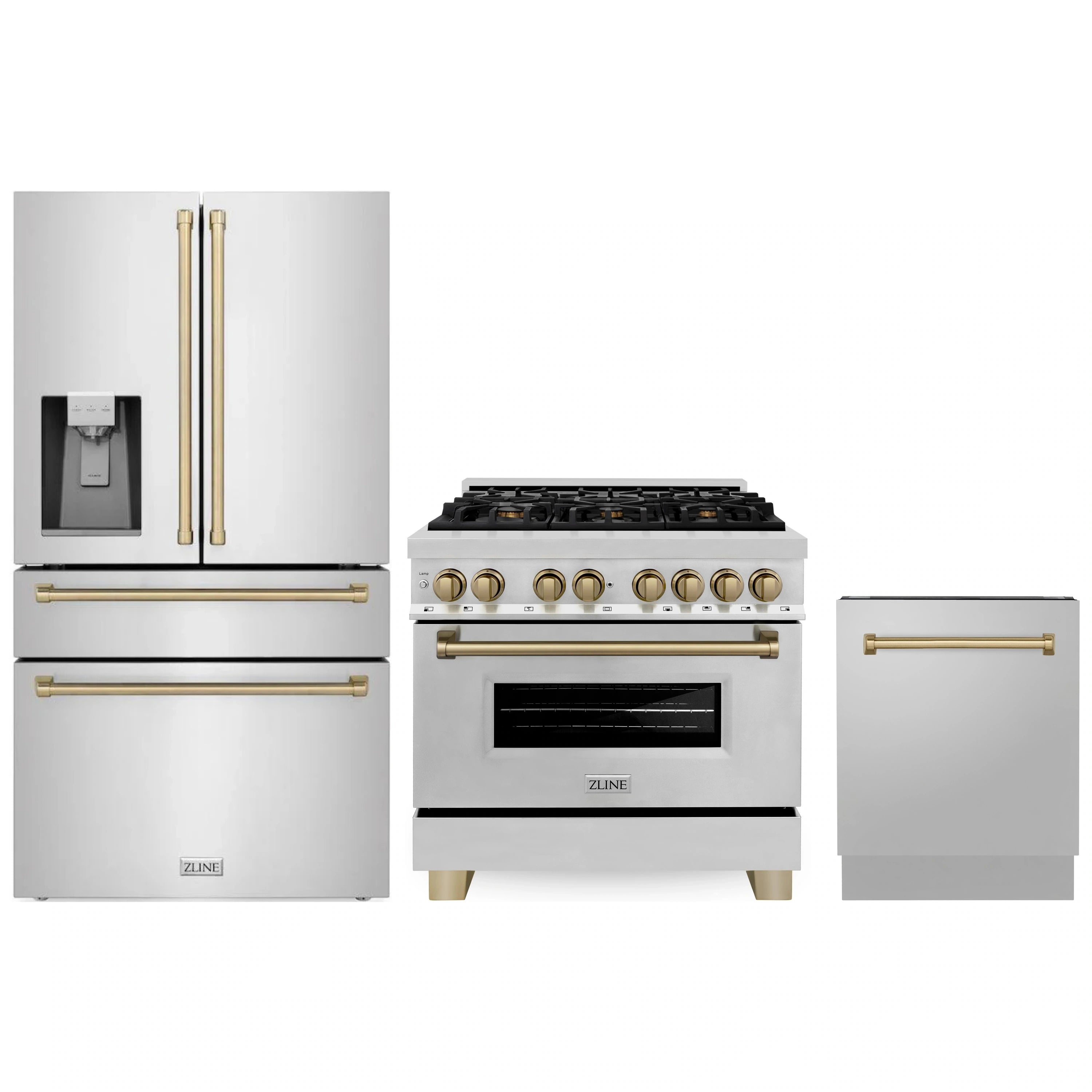 Stainless appliance package set with champagne bronze accents: fridge, range, dishwasher