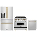ZLINE 3-Piece Appliance Package - 36-Inch Legacy Autograph Dual Fuel Range, 36-Inch French Door Refrigerator with Water Dispenser, Dishwasher, in Stainless Steel with Champagne Bronze Accents